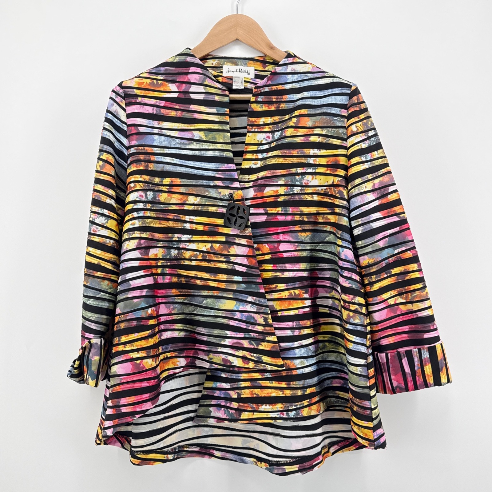 Joseph Ribkoff Jacket Womens 14 Multi Floral Stripe Asymmetric Swing Statement